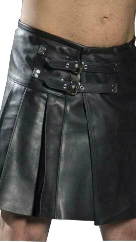 Men’s Real Cowhide Pleated Leather Kilt – Clubwear Party Kilt with Buckle Closure