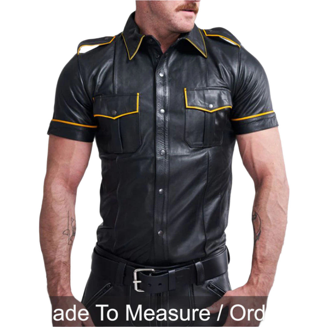 Men's Real Lamb Leather Police Uniform Shirt β Casual Clubwear with Yellow Piping & Chrome Buttons