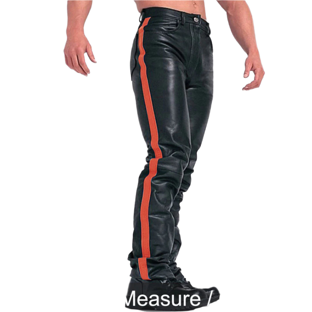 Men’s Leather Biker Pants – 5 Pocket Cowhide Trousers with Stripes