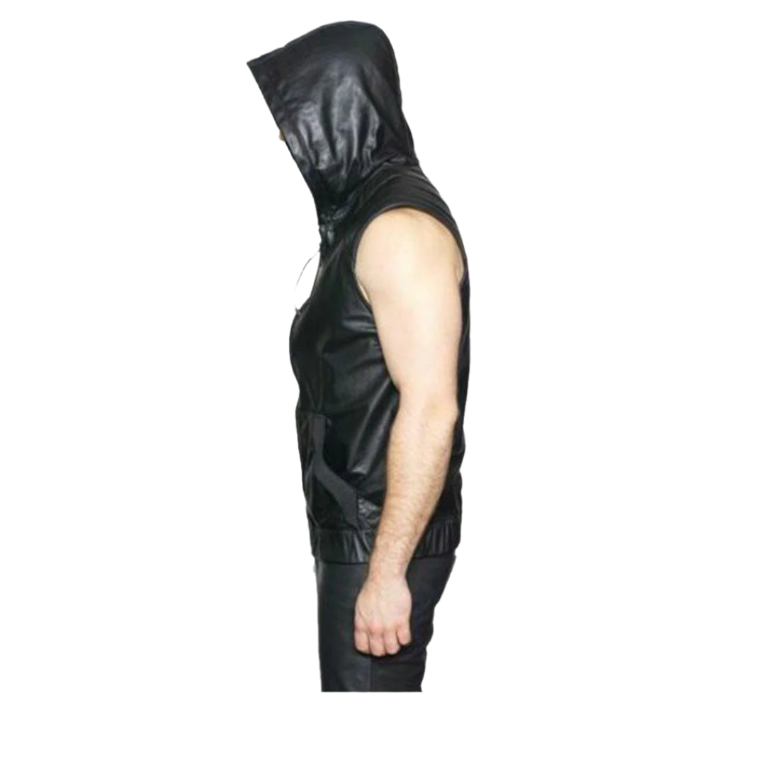 Men’s Leather Hooded Vest – Quilted Sleeveless Jacket with Drawstring Hood