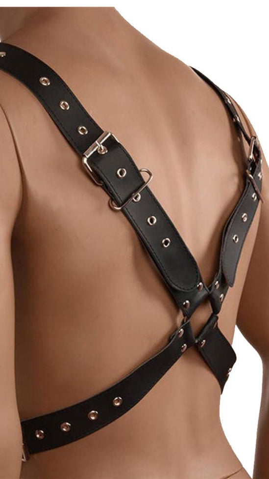 Men’s Leather Buckled Chest Harness – Y-Front Multi-Strap Design
