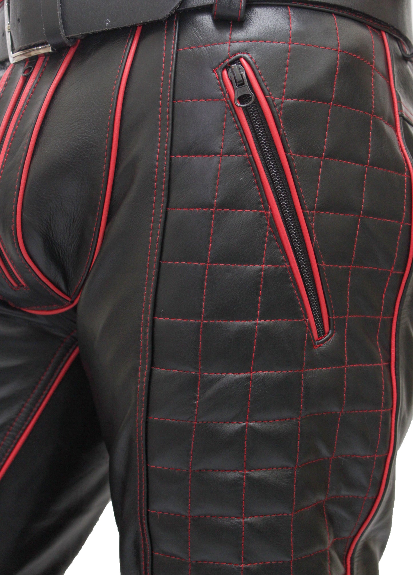 Men's Cowhide Leather Biker Pants with Quilted Panels & Piping