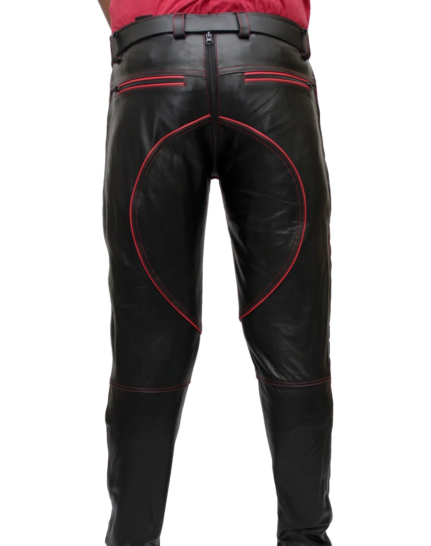 Men's Cowhide Leather Biker Pants with Quilted Panels & Piping