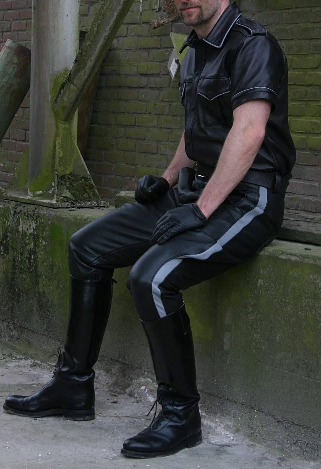Men’s Leather Pants & Police Shirt with Gray Piping – Full Uniform Set