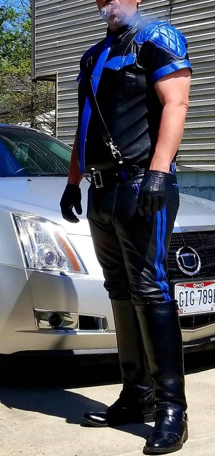 Men's Real Leather Police Shirt & Quilted Pants Set – R. Blue & Black