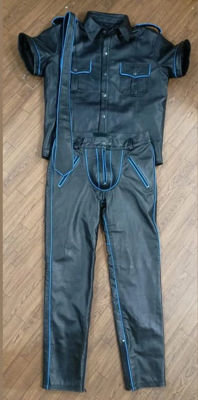 Men's Leather Police Uniform Set with Blue Piping – Pants, Shirt & Tie