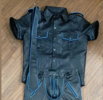 Men's Leather Police Uniform Set with Blue Piping – Pants, Shirt & Tie
