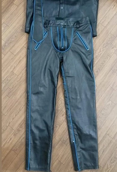 Men's Leather Police Uniform Set with Blue Piping – Pants, Shirt & Tie