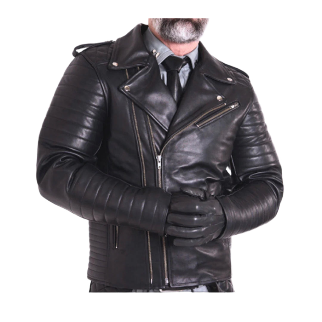Men's Cowhide Leather BLUF Jacket β Brando Biker Style with Quilted Panels