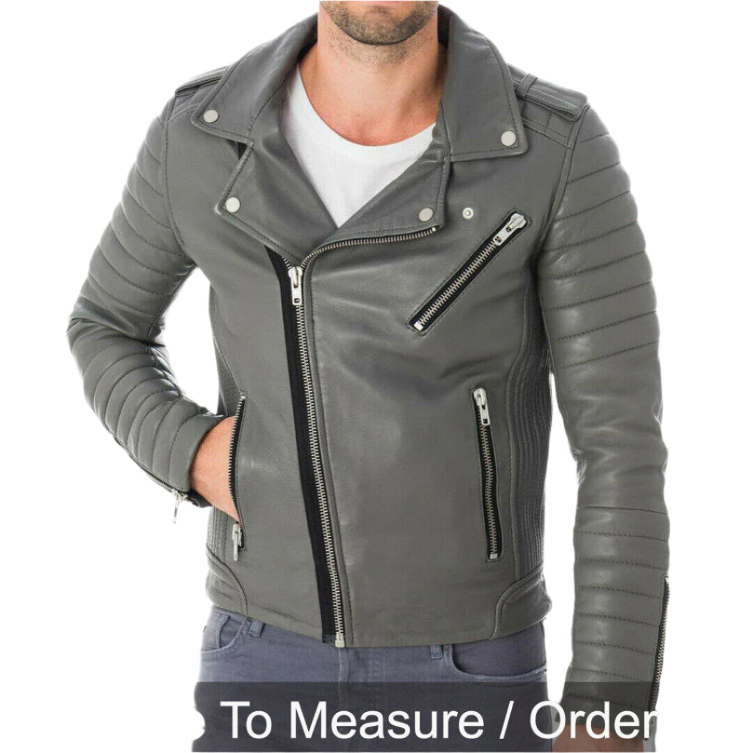 Men’s Grey Quilted Cowhide Leather Biker Jacket – Brando Style