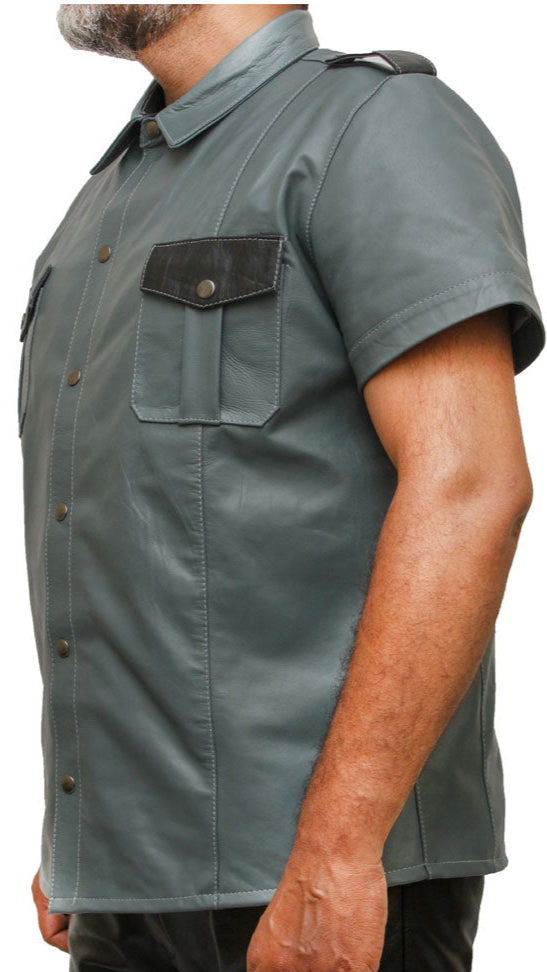 Men’s Real Leather Police Uniform Shirt Short Sleeve Gray With Black Leather Shirt