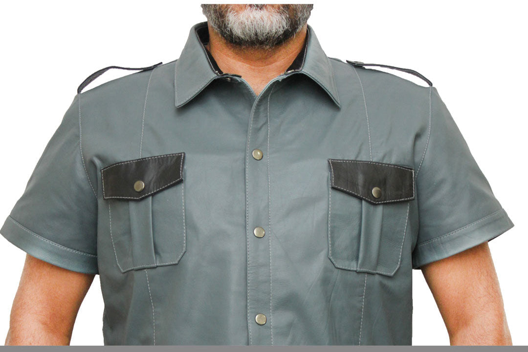 Men’s Real Leather Police Uniform Shirt Short Sleeve Gray With Black Leather Shirt