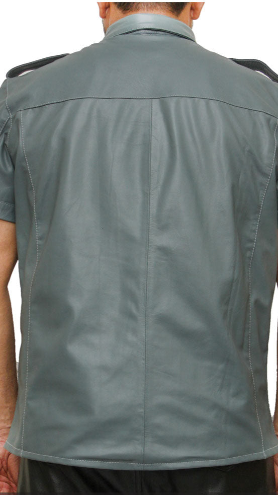 Men’s Real Leather Police Uniform Shirt Short Sleeve Gray With Black Leather Shirt