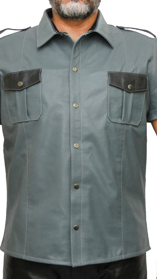 Men’s Real Leather Police Uniform Shirt Short Sleeve Gray With Black Leather Shirt