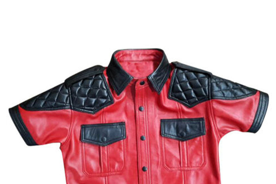 Men’s Lamb Leather Short Sleeve Police Shirt with Quilted Panels – BLUF Style