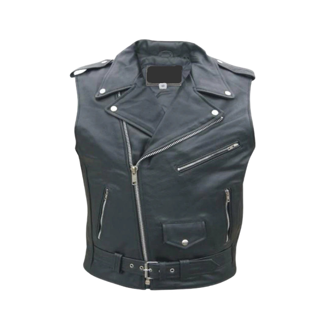Men’s Cowhide Leather Sleeveless Biker Vest – Brando Style