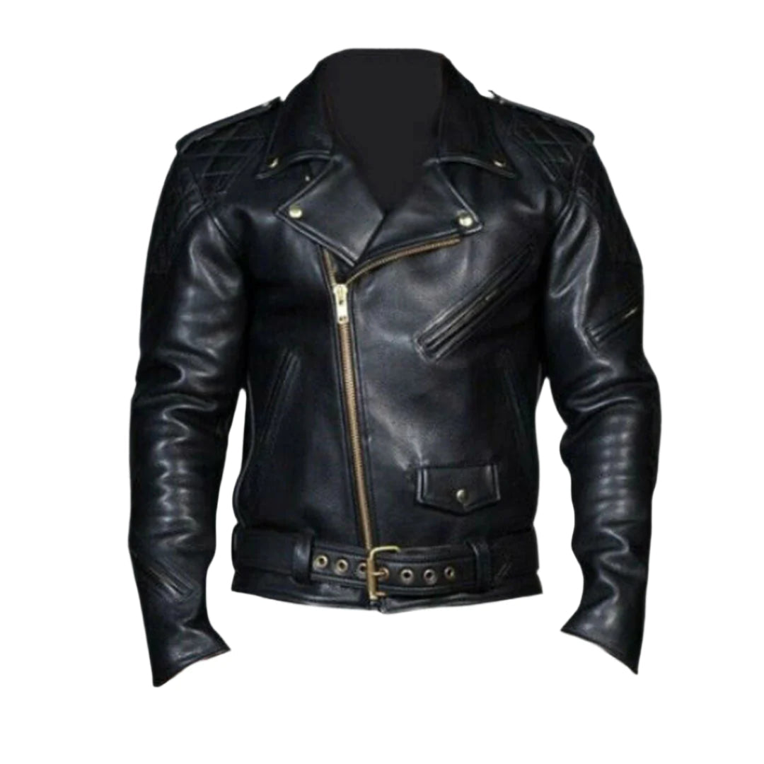 Men's Cowhide Leather Biker Jacket with Quilted Panels – Brando Style