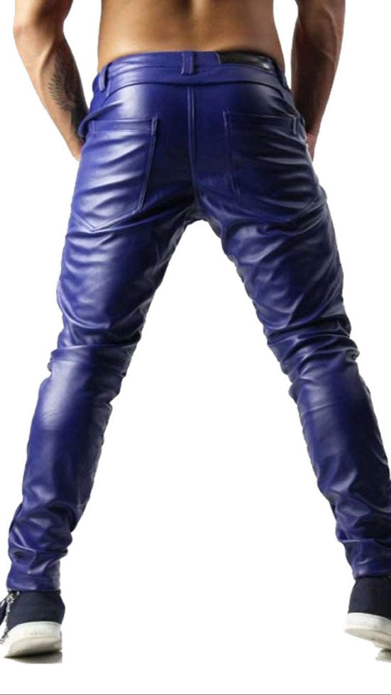 Men’s Blue Cowhide Leather Biker Pants with Front Zipper and Side Zips