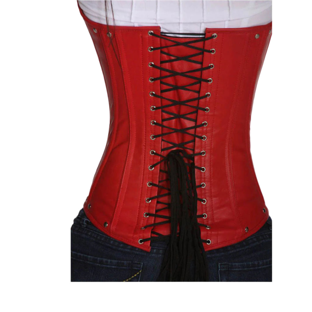 Women's Red Underbust Leather Corset – Waist Trainer with Steel Boning