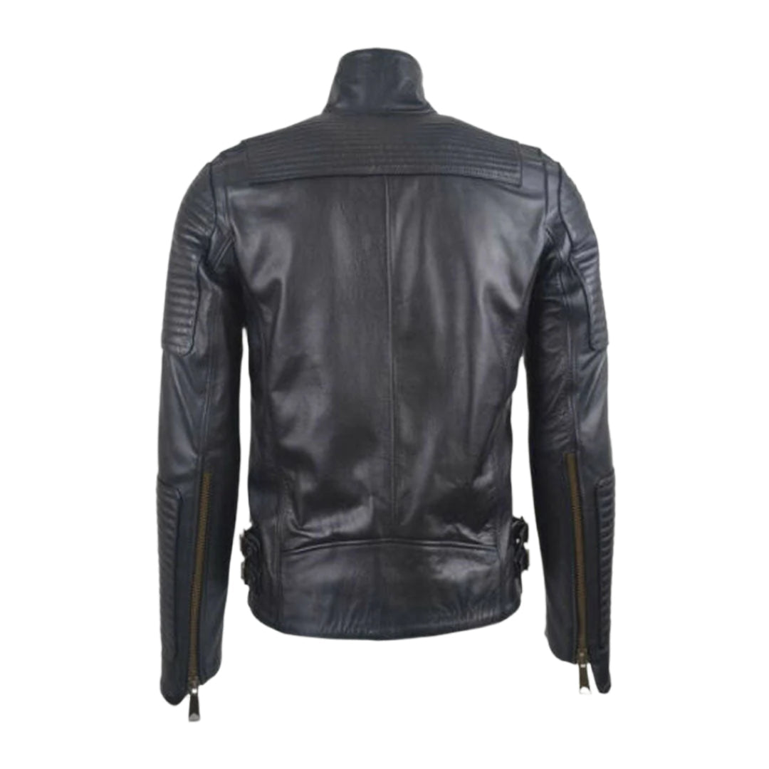 Men’s Quilted Cowhide Leather Biker Jacket with Heavy Zippers