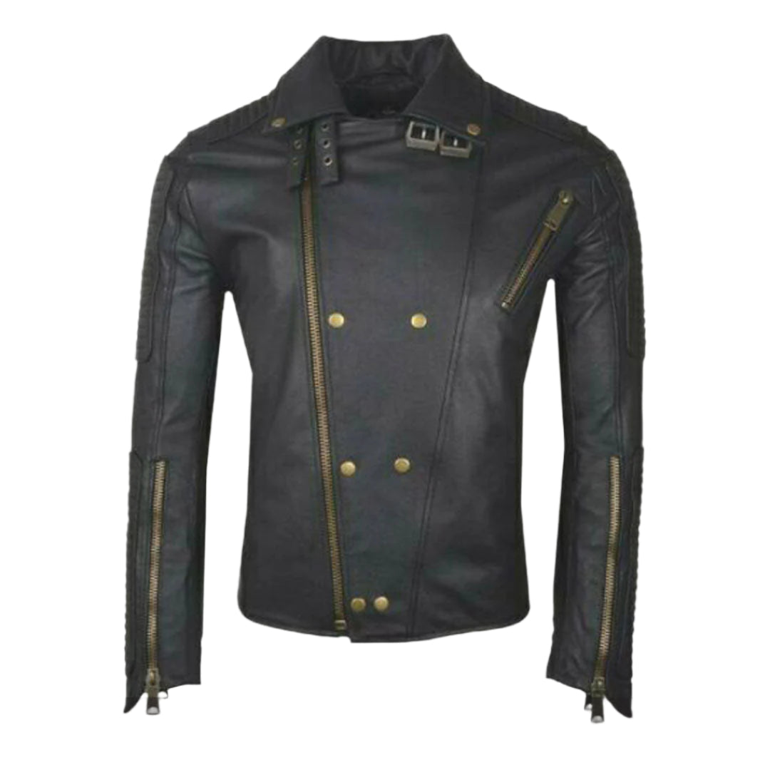 Men’s Quilted Cowhide Leather Biker Jacket with Heavy Zippers