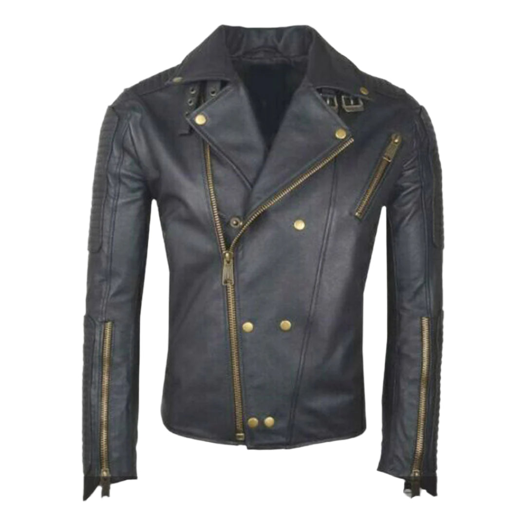 Men’s Quilted Cowhide Leather Biker Jacket with Heavy Zippers