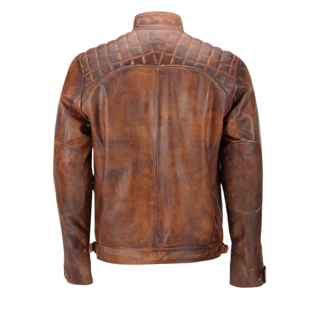 Men's Distressed Lamb Leather Biker Jacket – Quilted Panels & Buckle Sides