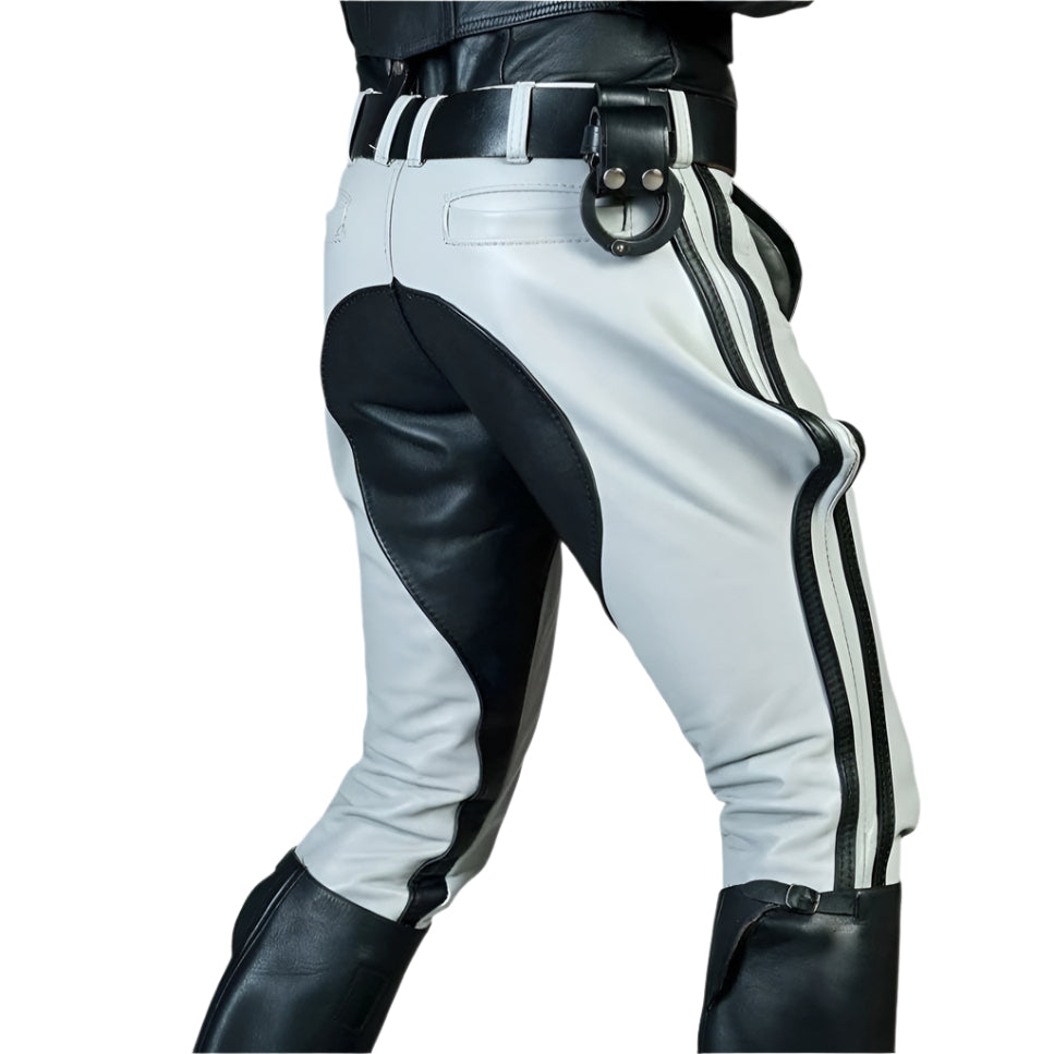 Men’s White Leather Jodhpur Breeches – Black Striped Cowhide Pants