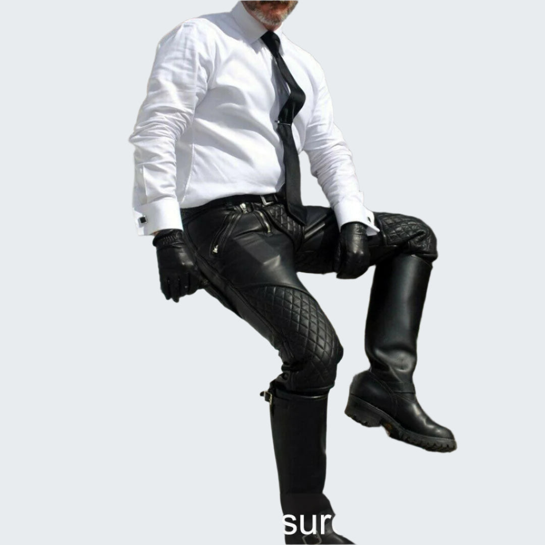 Men’s Slim Leather Carpenter Pants – Quilted Cowhide Biker Style