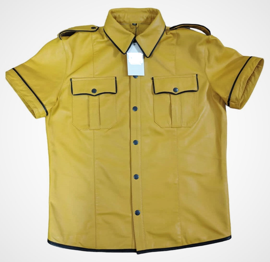 Men's Yellow Leather Police Shirt β Lambskin Uniform with Black Piping