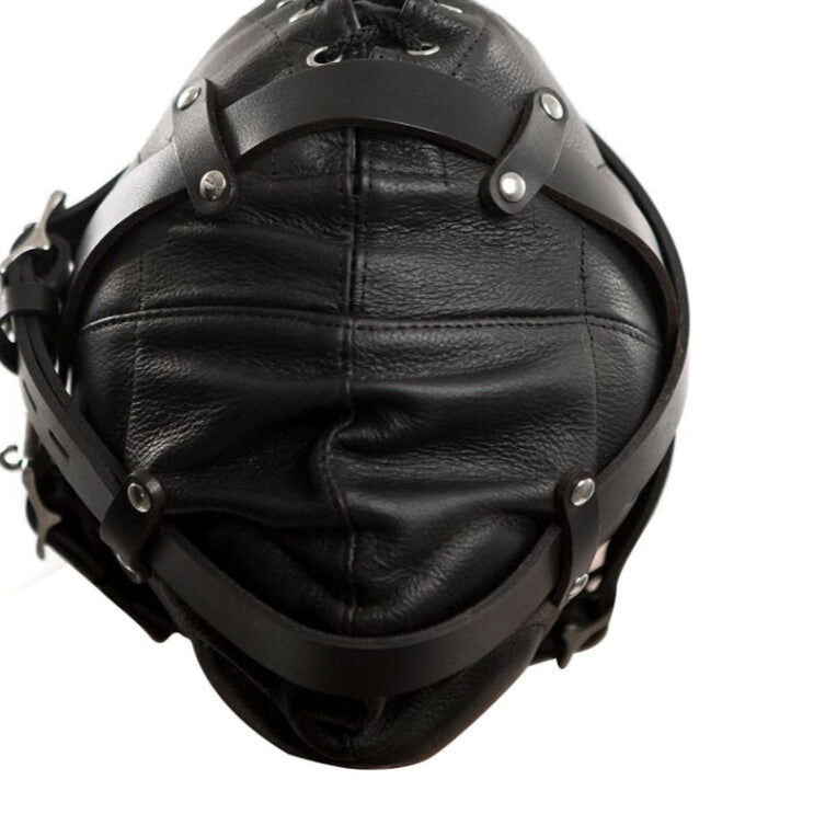 Leather Sensory Deprivation Hood – Locking Mouth Mask with Blindfolds