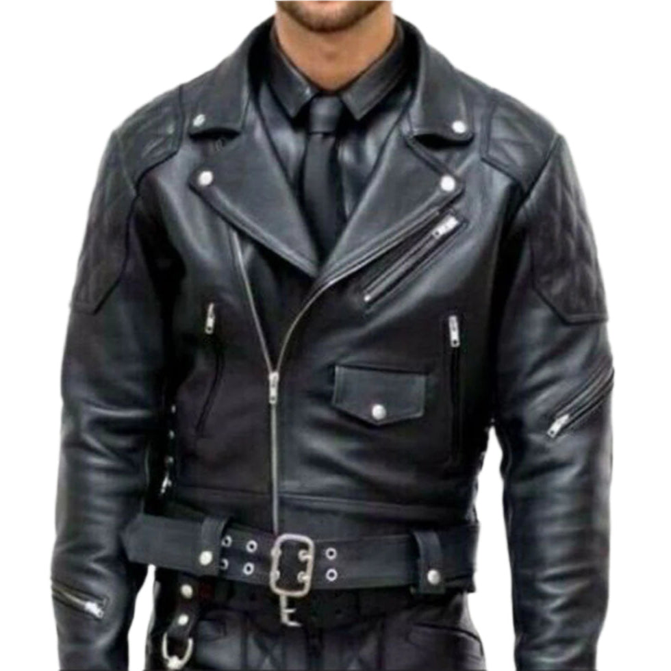 Men’s Cowhide Leather Biker Jacket – Quilted BLUF Brando Style