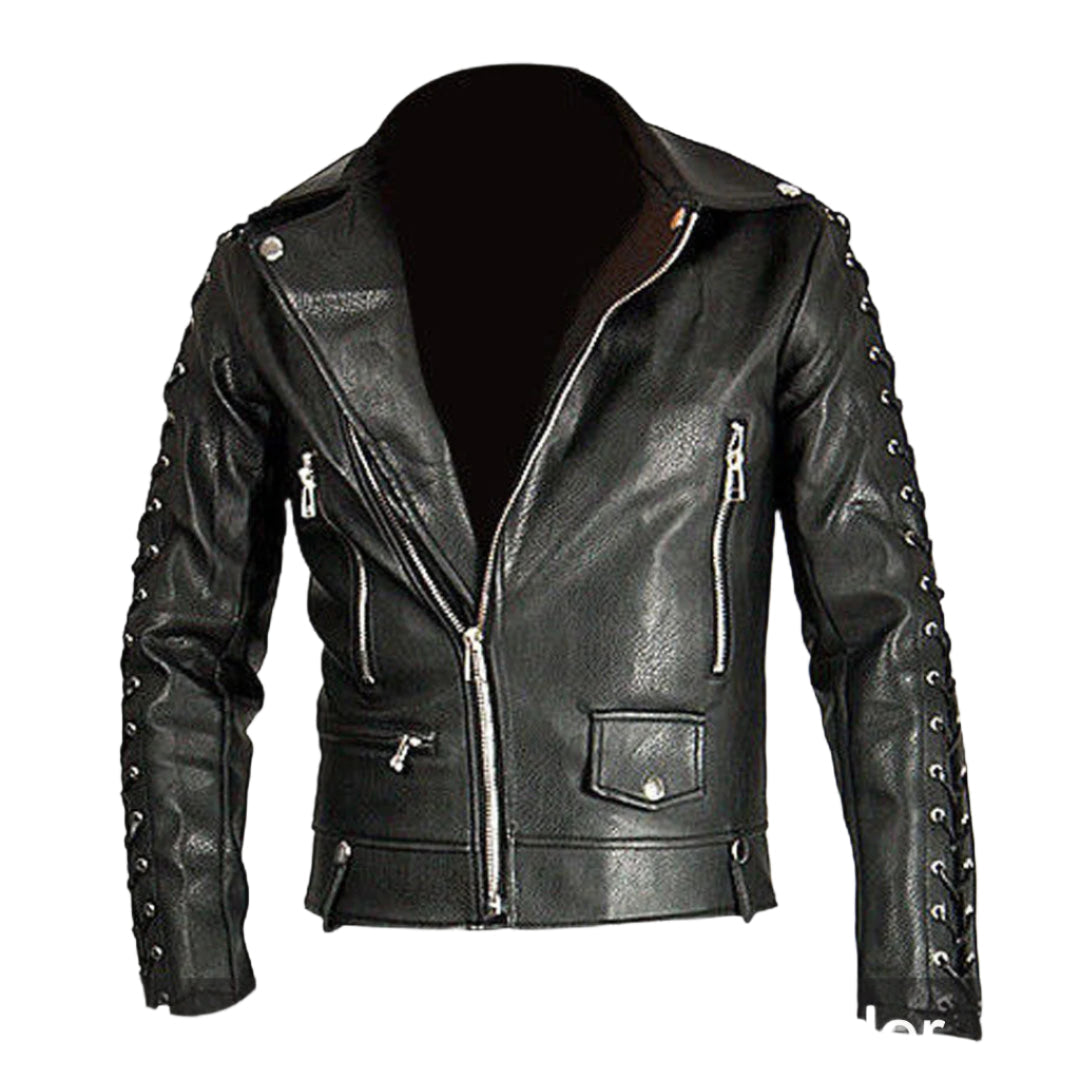 Men's Cowhide Leather Biker Jacket with Laced Sleeves