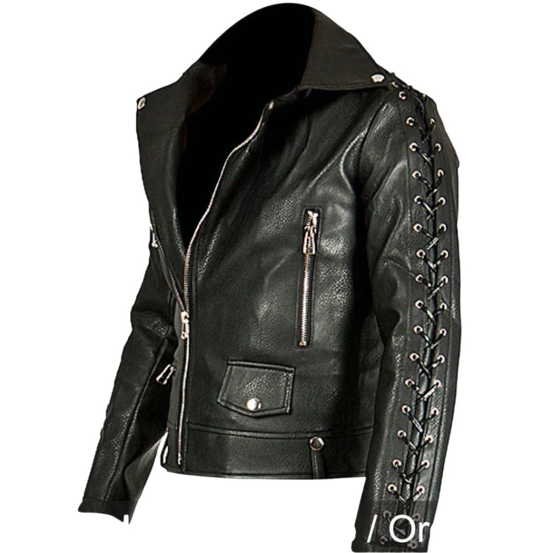 Men's Cowhide Leather Biker Jacket with Laced Sleeves