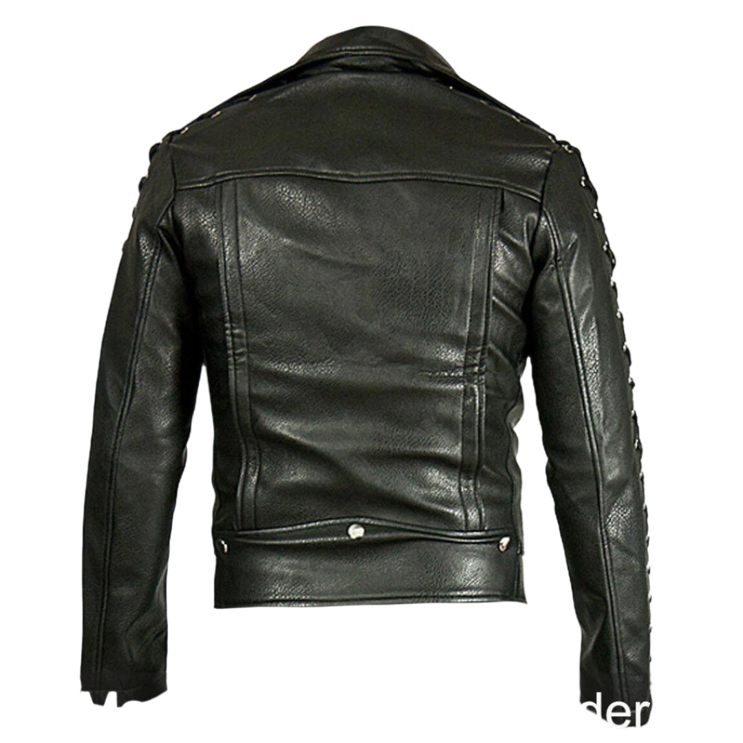Men's Cowhide Leather Biker Jacket with Laced Sleeves