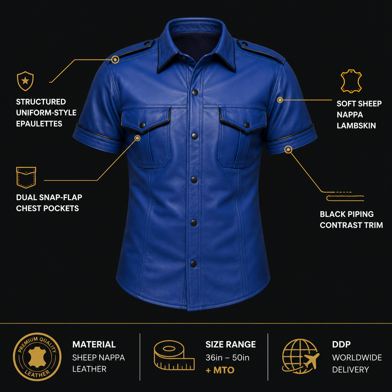 Men’s Blue Lamb Leather Shirt – Short Sleeves with Black Piping