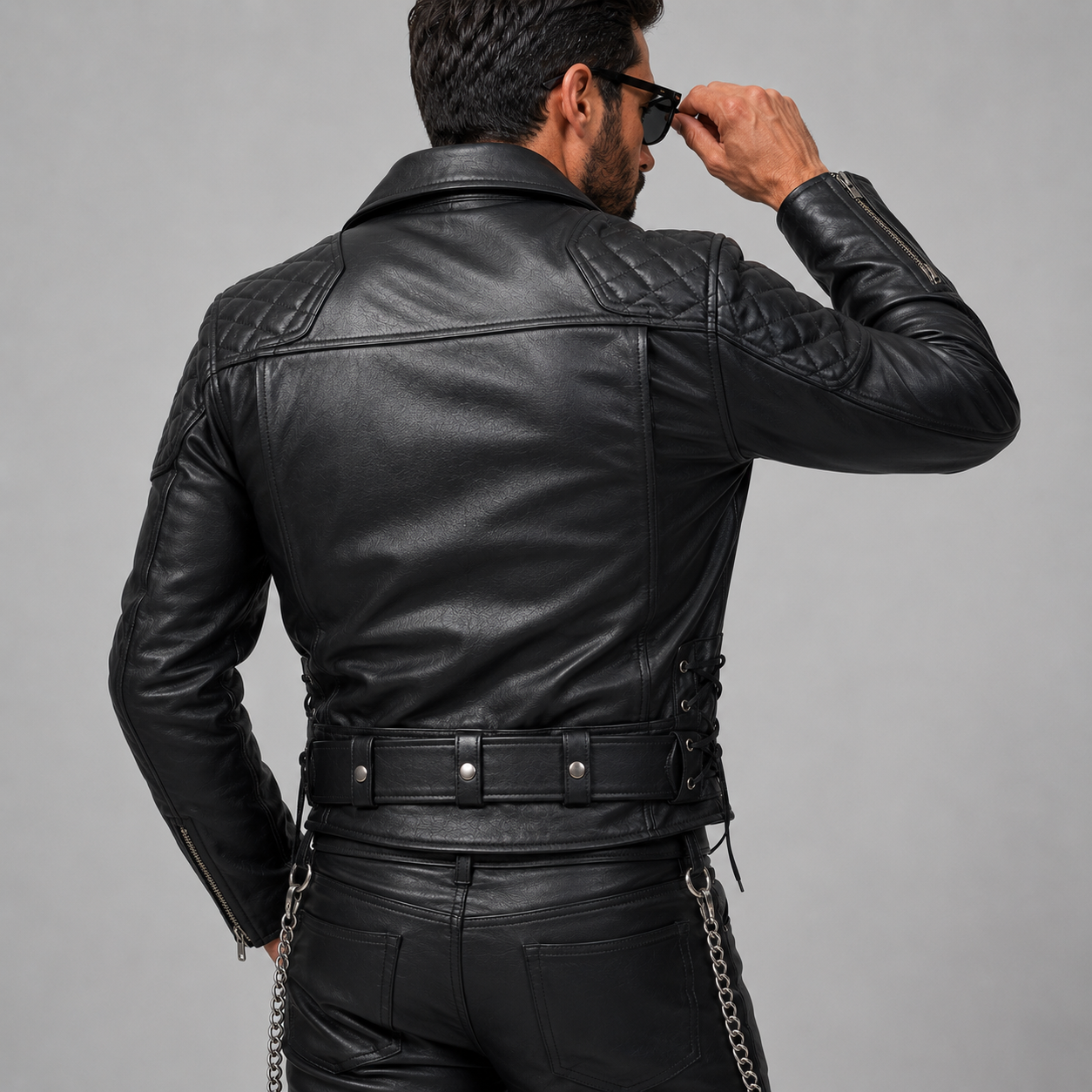 Men’s Brando Leather Biker Jacket with Quilted Panels & Side Laces