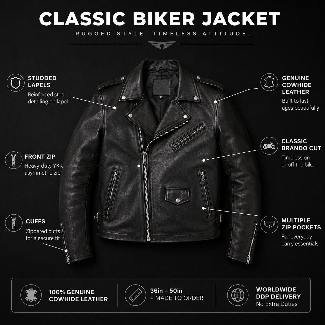 Men’s Genuine Cowhide Leather Biker Jacket – Classic Black Brando Style