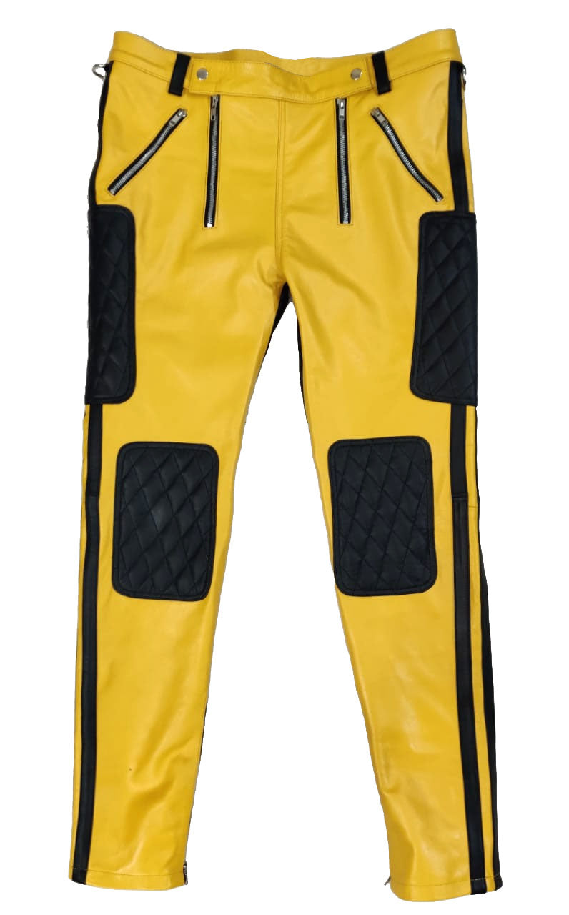 Men’s Quilted Yellow & Black Leather Carpenter Pants – Real Cowhide