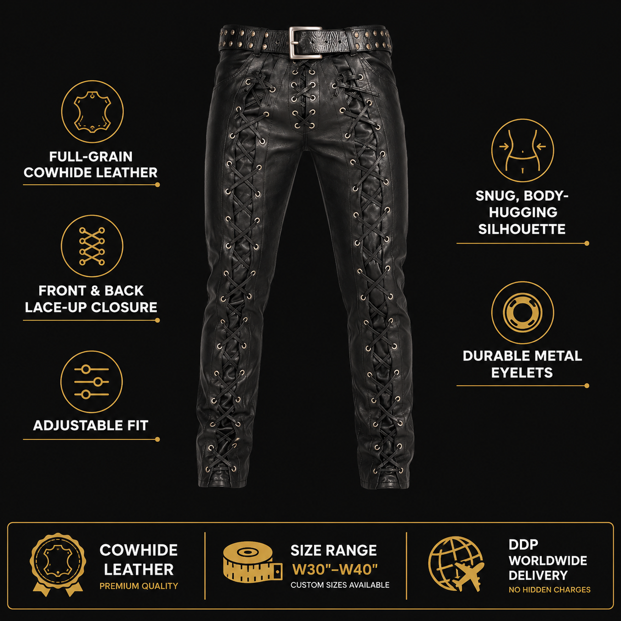 Men’s Lace-Up Cowhide Leather Biker Pants with Front & Back Lacing
