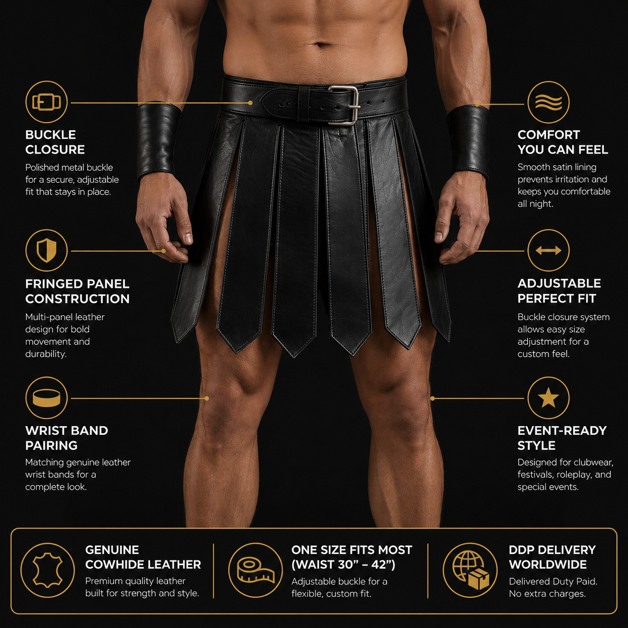 Men’s Genuine Leather Gladiator Kilt – Black Handmade Clubwear Kilt & Wristband
