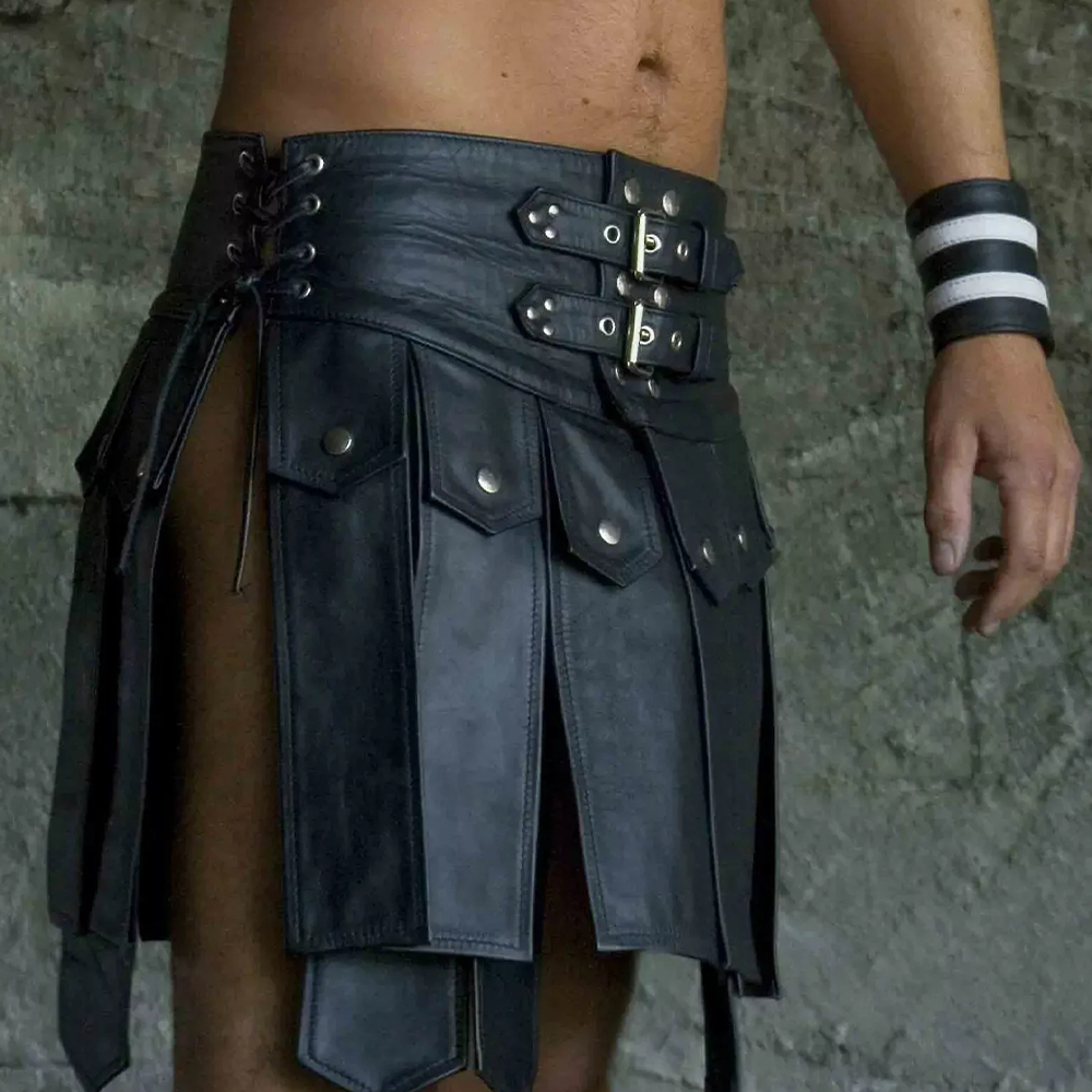 Men’s Real Leather Gladiator Kilt – Clubwear Kilt with Free Wrist Bands