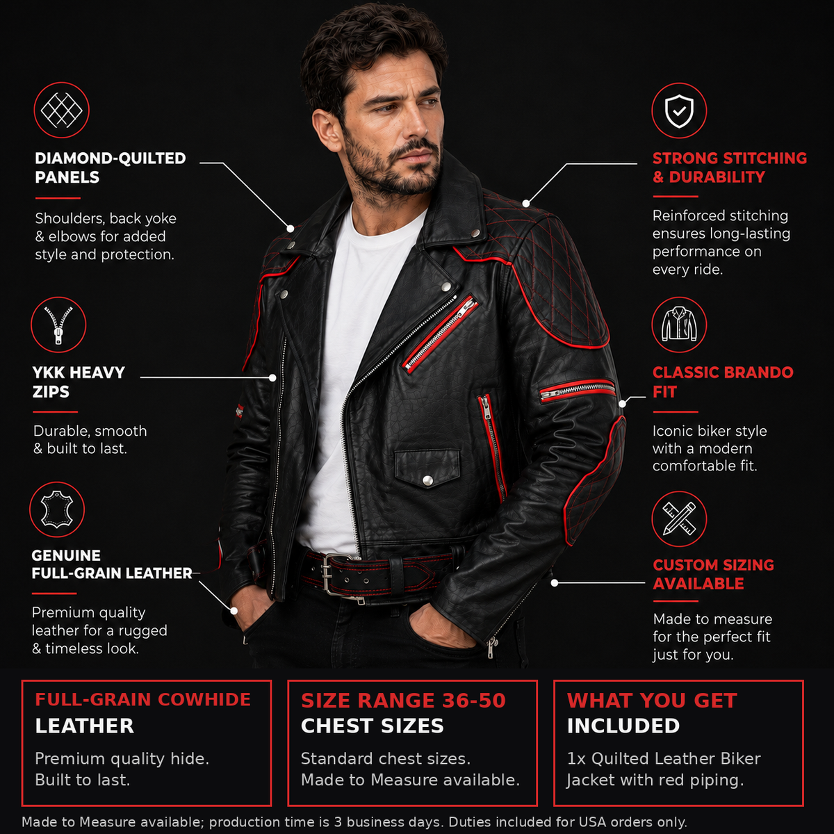 Quilted leather jacket infographic: full-grain cowhide, size range 36 to 50, and what is included.