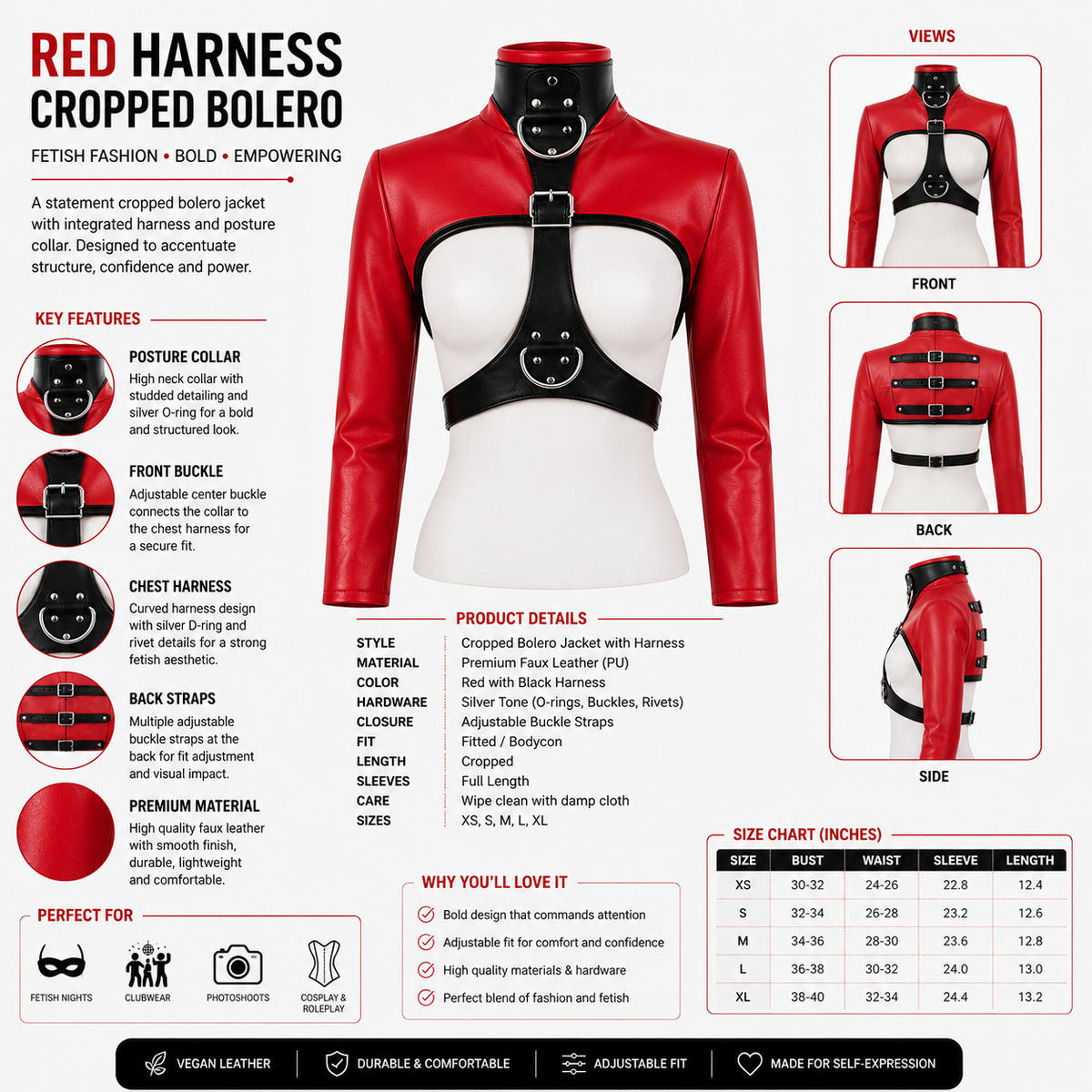 Infographic highlighting features of red vegan-leather harness jacket including adjustable buckles, posture collar, and vegan leather material