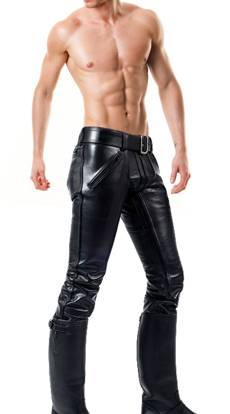 Men’s BLUF Leather Biker Pants – Double Zip Cowhide Trousers With/Without Back Zip