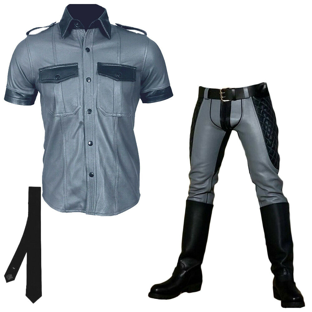 Men’s Leather Police Outfit – Quilted Biker Pants, Shirt & Black Tie Set