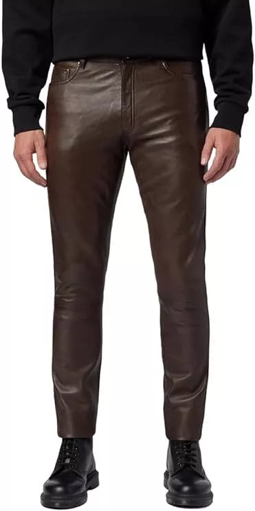 Men’s Vintage Cognac Leather Biker Pants – Cowhide 5-Pocket Trousers