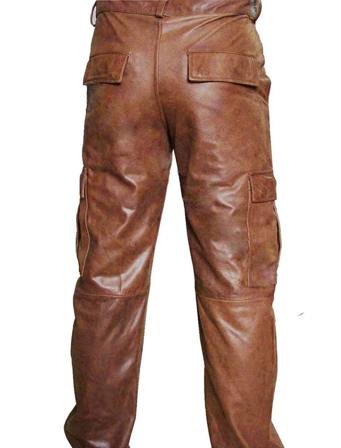 Men’s Vintage Cowhide Leather Cargo Biker Pants – Natural Grain