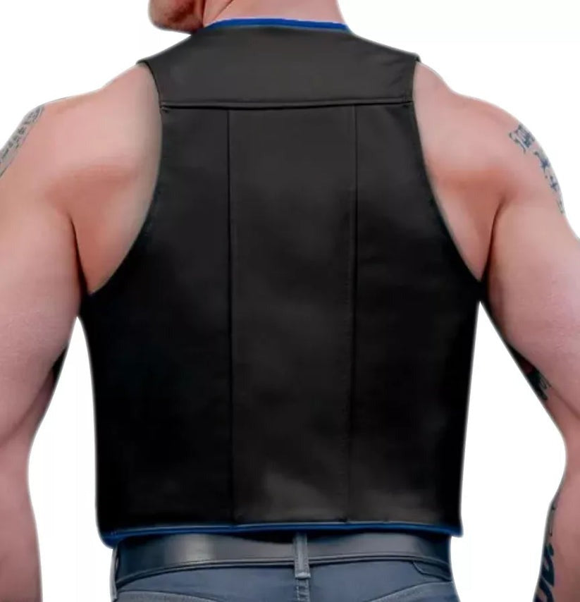 Men's Real Leather Bartender Vest with Contrast Piping – Open Front Clubwear