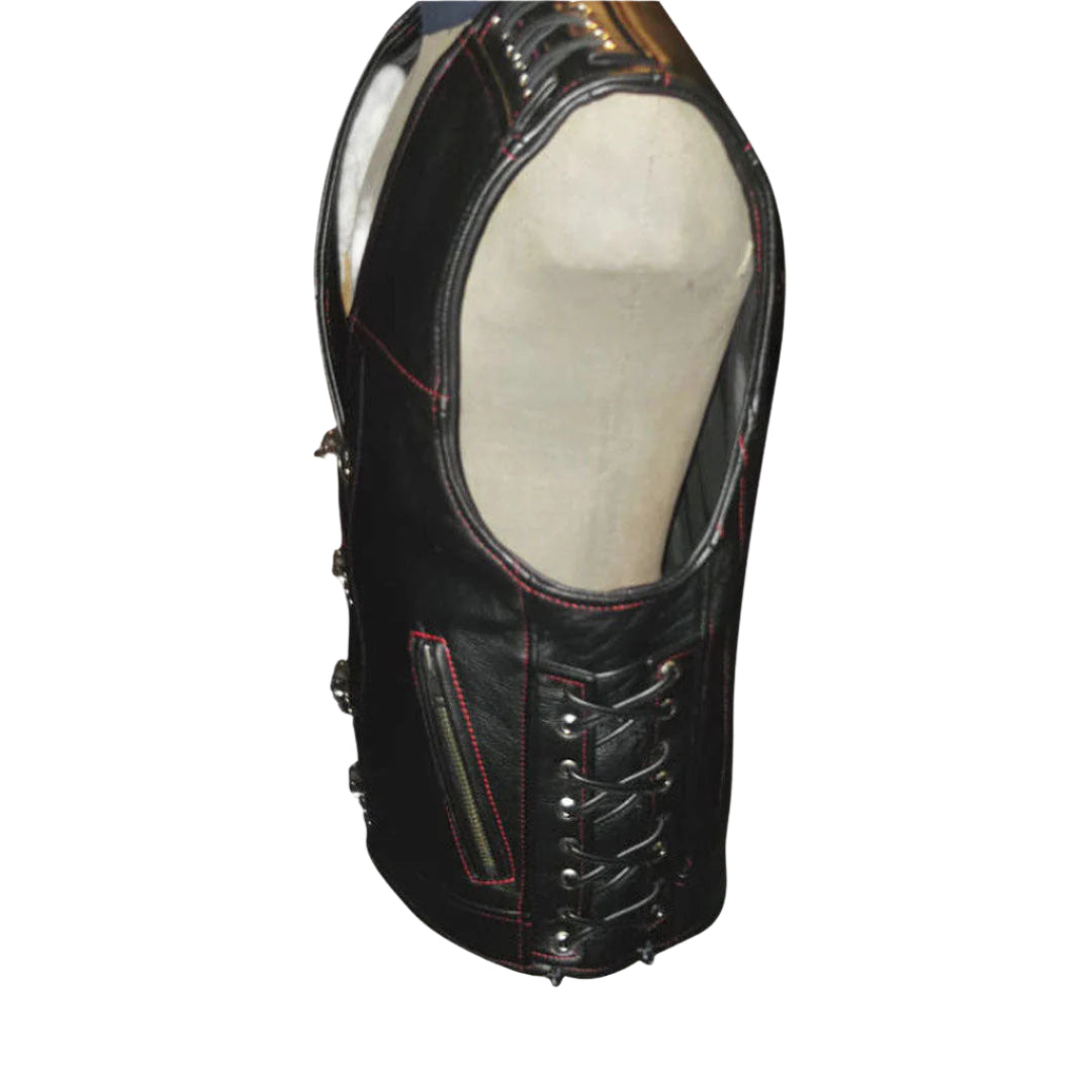 Men’s Leather Biker Vest – Cowhide Motorcycle Style with Contrast Stitching